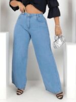 Calça Jeans Feminina Plus Size Vanessa, lavagem escura, perna larga, cintura natural, jeans 100% algodão. Prática e essencial para o dia a dia.