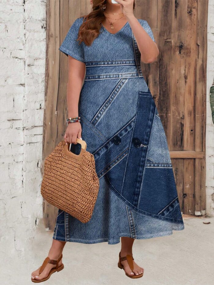 Vestido Plus Size Alexa com estampa floral marsala, estilo boho-chic, corte em A, cintura alta, decote V, mangas curtas, e caimento solto.