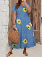 Vestido Plus Size Alexa com estampa floral marsala, estilo boho-chic, corte em A, cintura alta, decote V, mangas curtas, e caimento solto.