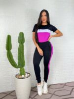 Conjunto feminino Ingrid com blusa listrada e calça com risca lateral, confeccionado em poliéster e elastano. Perfeito para um visual casual e moderno.