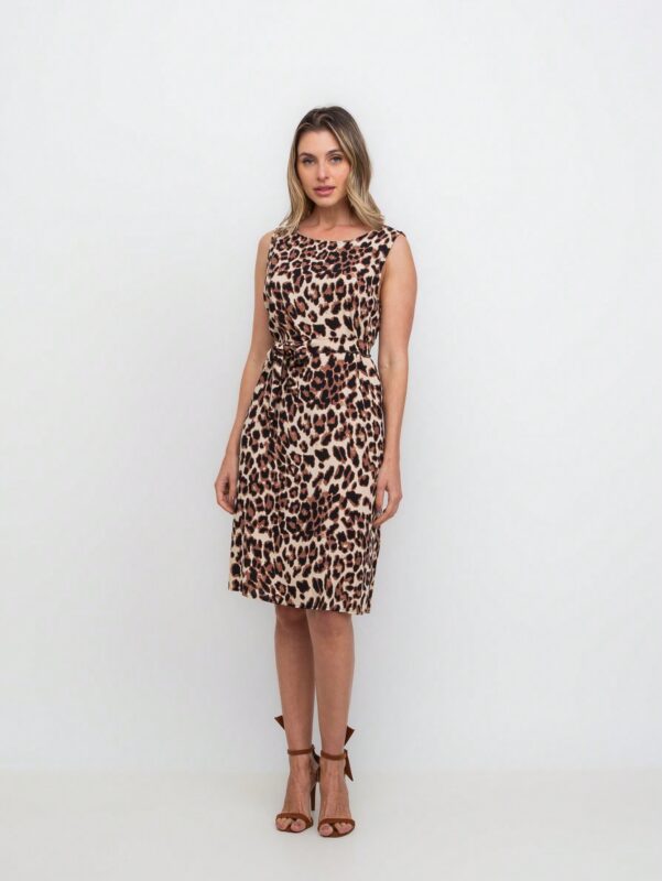 Vestido Karmille, estilo boho com estampa geométrica e onça. Decote U, sem mangas, curto e em viscose. Confortável e moderno para dias quentes.
