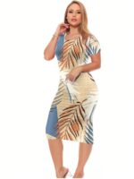 Vestido Tatiana midi, com estampa floral tropical, mangas curtas e caimento ajustado. Modelo perfeito para ocasiões casuais e festivas, em tecido elástico.