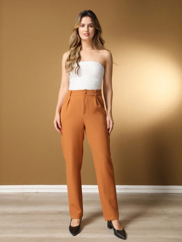 Calça de alfaiataria Sofia, cintura alta e perna reta, feita de poliéster e elastano. Elegante e versátil, ideal para looks casuais e sofisticados.