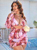 Conjunto Plus Size estampa mármore com biquíni cintura alta, top ajustável e quimono. Ideal para férias, combina conforto e elegância.