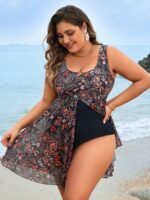 Maiô Plus Size com estampa floral vibrante, cintura alta e alças grossas. Ideal para dias de férias, combinando conforto e estilo boho.