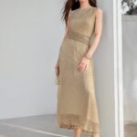 Vestido Longo Plissado Cintura Com Franzida