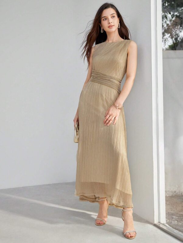 Vestido Longo Plissado Cintura Com Franzida