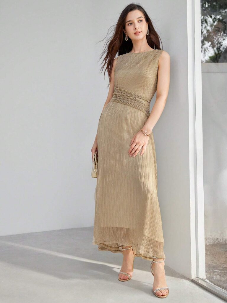 Vestido Longo Plissado Cintura Com Franzida