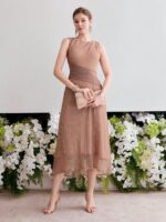 Vestido Longo Plissado Cintura Com Franzida