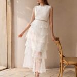 Vestido Longo Tule Barrado com Renda