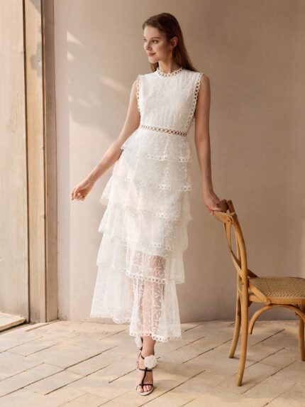 Vestido Longo Tule Barrado com Renda
