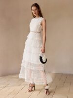 Vestido Longo Tule Barrado com Renda