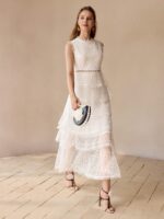 Vestido Longo Tule Barrado com Renda