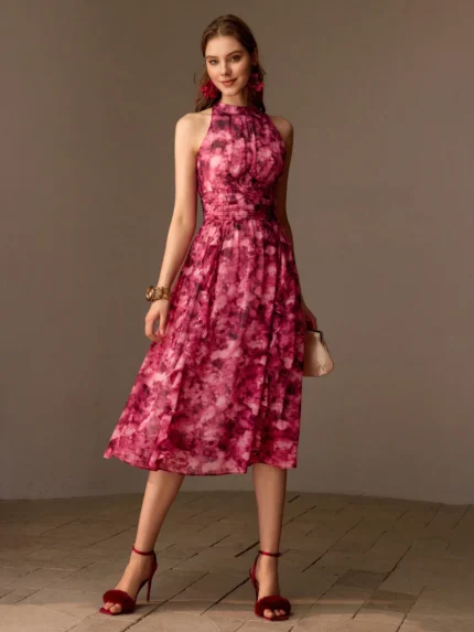 Vestido Midi Com Cintura Franzida e Estampa Floral