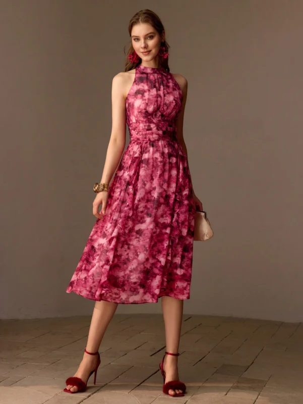 Vestido Midi Com Cintura Franzida e Estampa Floral