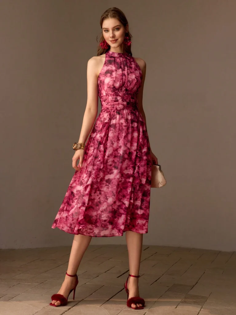 Vestido Midi Com Cintura Franzida e Estampa Floral